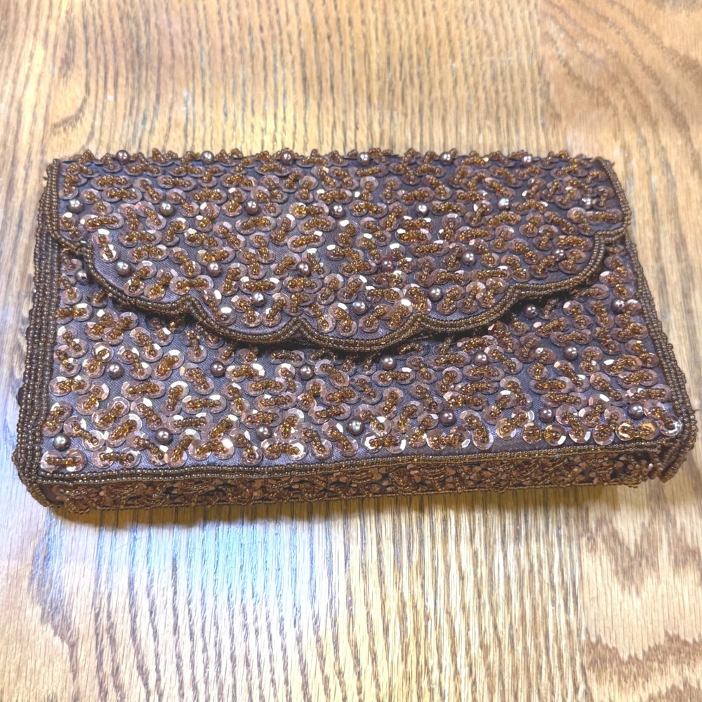 Bijoux Terner Copper Beaded Sequin Evening Clutch Scalloped Flap Brown Bag